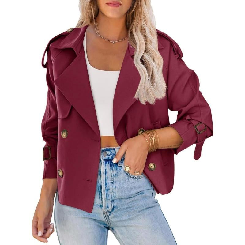 ARTFREE Women Short Double Breasted Trench Coat Raglan Sleeve Work Office Cropped Jacket with Pockets