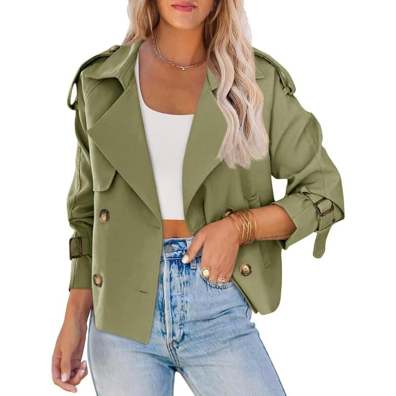 ARTFREE Women Short Double Breasted Trench Coat Raglan Sleeve Work Office Cropped Jacket with Pockets