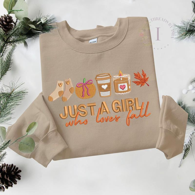 Just a Girl Who Loves Fall Embroidered Sweatshirt – Pumpkin, Coffee, Candle, Fall Leaves, Warm Socks Design, Cozy Autumn Crewneck, Comfortable Fashion