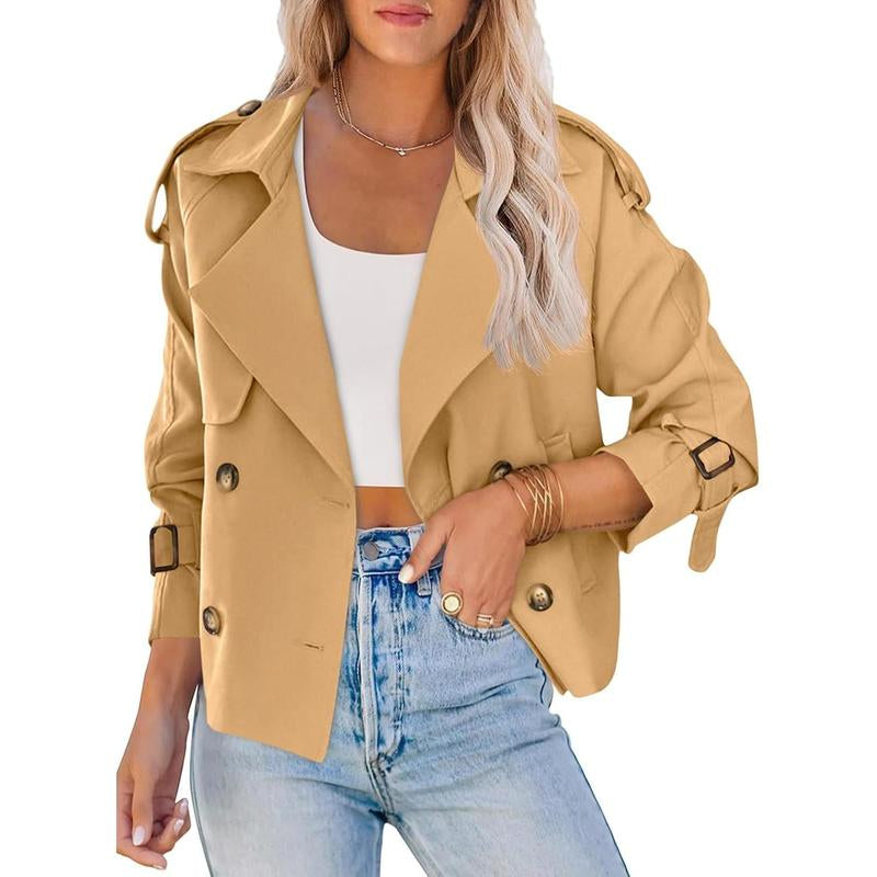 ARTFREE Women Short Double Breasted Trench Coat Raglan Sleeve Work Office Cropped Jacket with Pockets