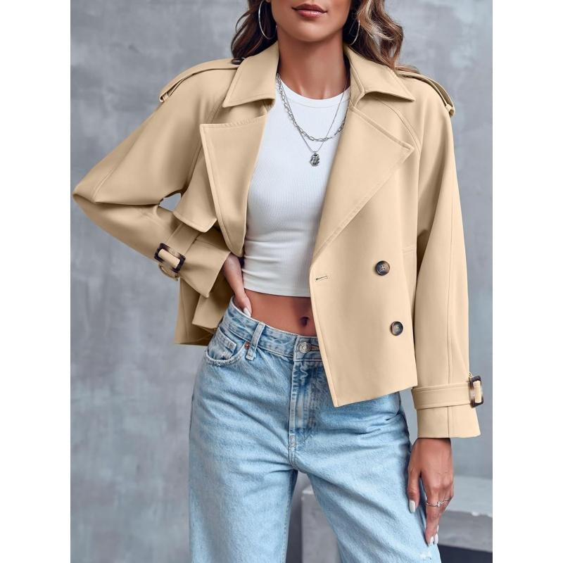 ARTFREE Women Short Double Breasted Trench Coat Raglan Sleeve Work Office Cropped Jacket with Pockets