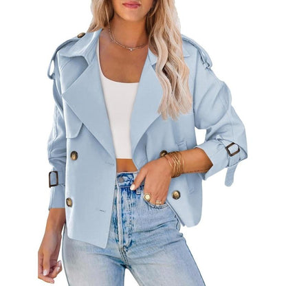 ARTFREE Women Short Double Breasted Trench Coat Raglan Sleeve Work Office Cropped Jacket with Pockets