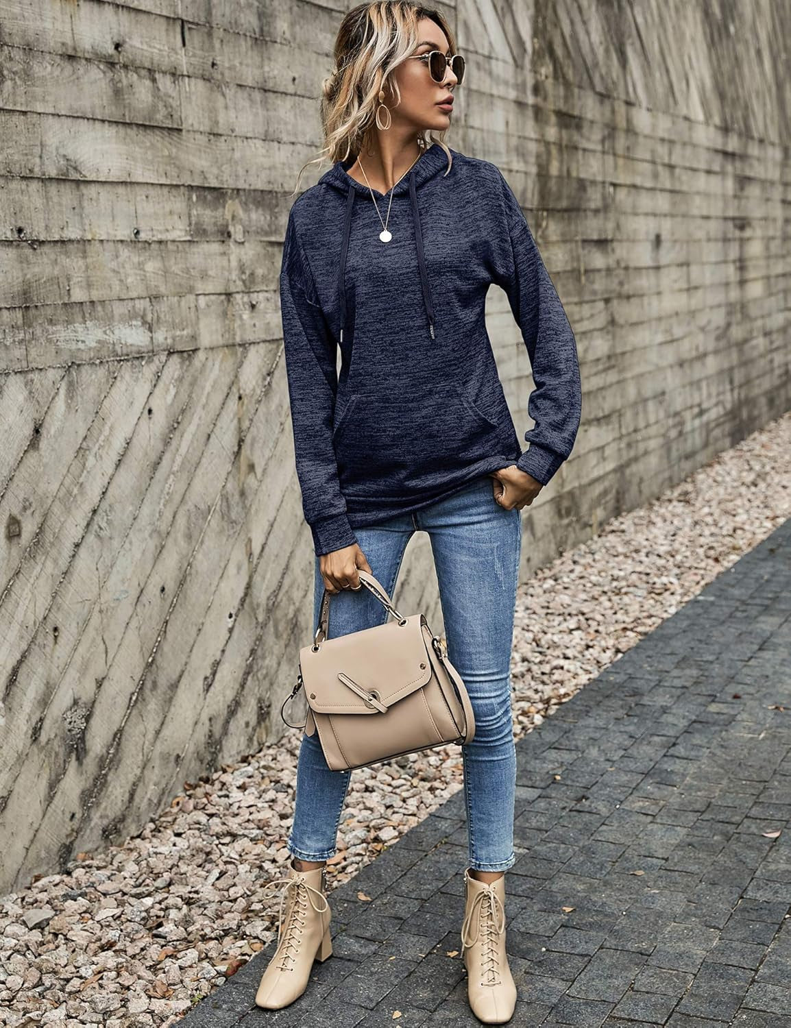 Fashion Drawstring Hoodies for Women Long Sleeve Active Pullover Tops,Navy,L