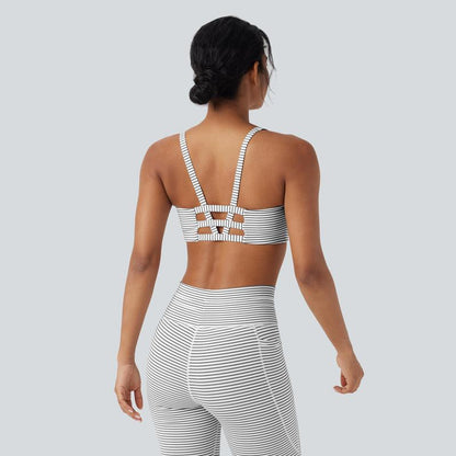 Halara 2-Piece Low Support U Neck Cut Out Stripe Yoga Sports Bra & High Waisted Drawstring Striped Yoga Pants with Pockets Set