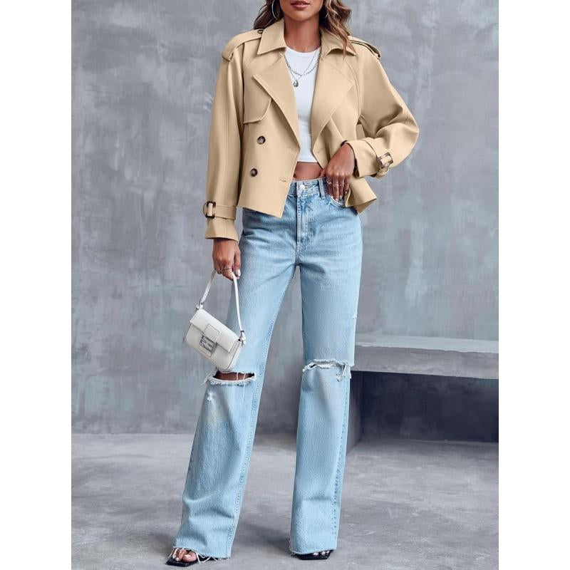 ARTFREE Women Short Double Breasted Trench Coat Raglan Sleeve Work Office Cropped Jacket with Pockets