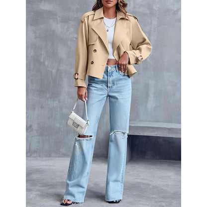 ARTFREE Women Short Double Breasted Trench Coat Raglan Sleeve Work Office Cropped Jacket with Pockets