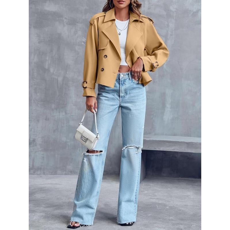 ARTFREE Women Short Double Breasted Trench Coat Raglan Sleeve Work Office Cropped Jacket with Pockets