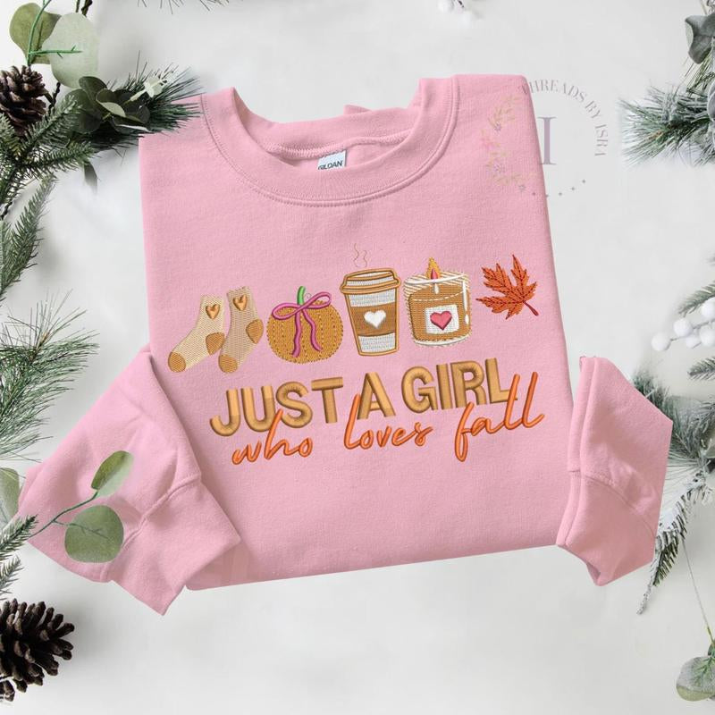Just a Girl Who Loves Fall Embroidered Sweatshirt – Pumpkin, Coffee, Candle, Fall Leaves, Warm Socks Design, Cozy Autumn Crewneck, Comfortable Fashion