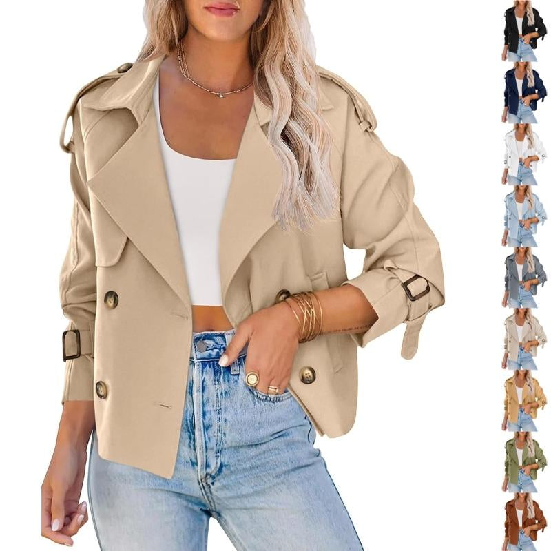 ARTFREE Women Short Double Breasted Trench Coat Raglan Sleeve Work Office Cropped Jacket with Pockets