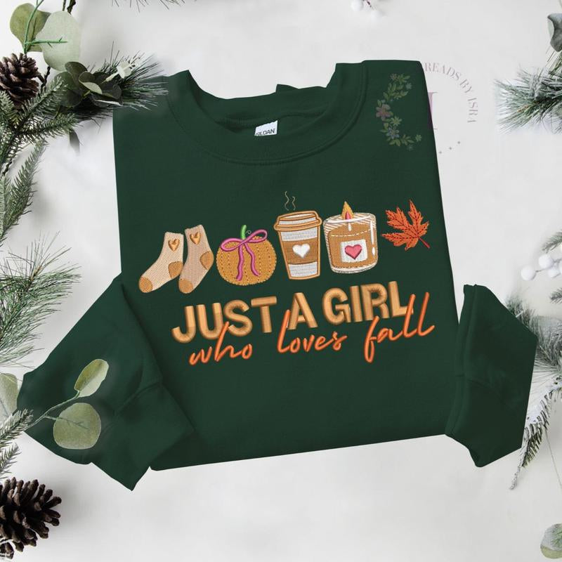 Just a Girl Who Loves Fall Embroidered Sweatshirt – Pumpkin, Coffee, Candle, Fall Leaves, Warm Socks Design, Cozy Autumn Crewneck, Comfortable Fashion