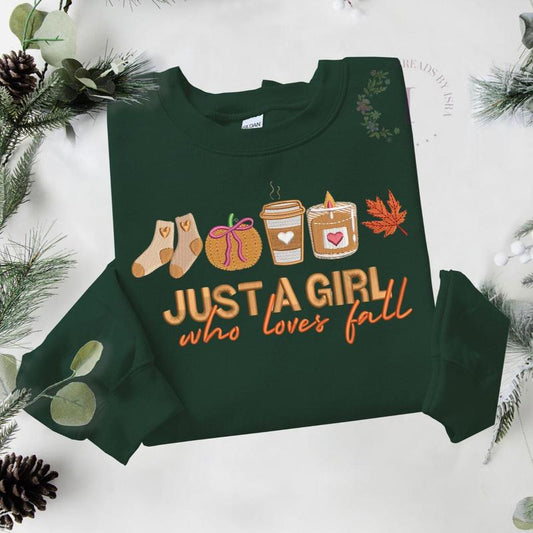 Just a Girl Who Loves Fall Embroidered Sweatshirt – Pumpkin, Coffee, Candle, Fall Leaves, Warm Socks Design, Cozy Autumn Crewneck, Comfortable Fashion