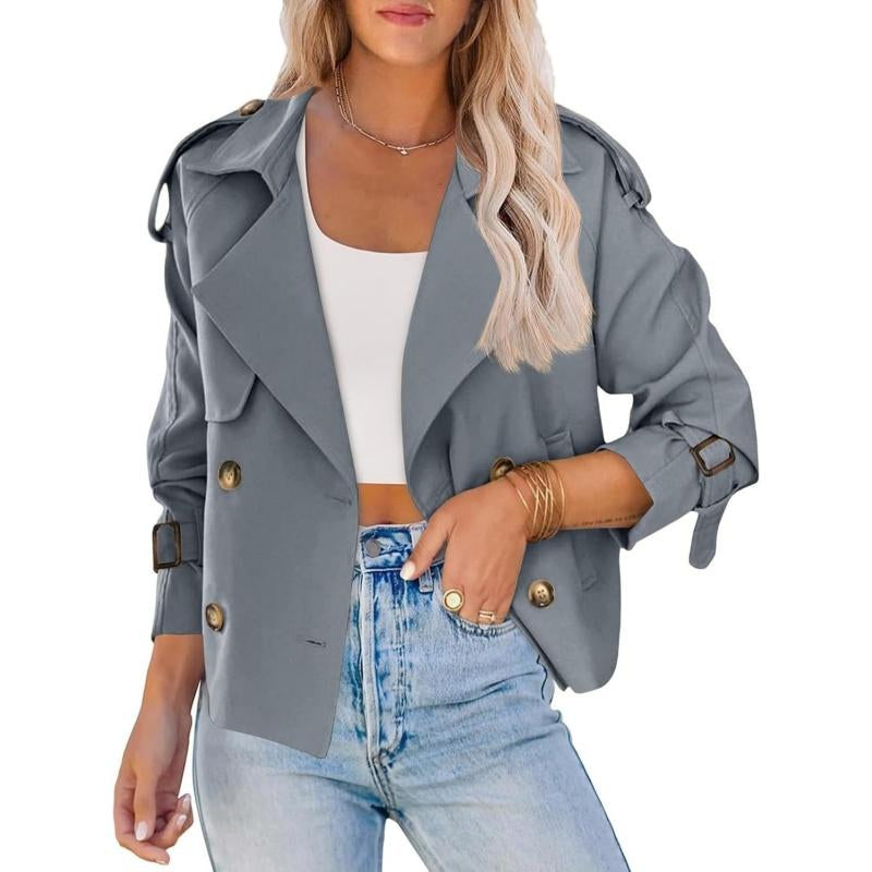 ARTFREE Women Short Double Breasted Trench Coat Raglan Sleeve Work Office Cropped Jacket with Pockets