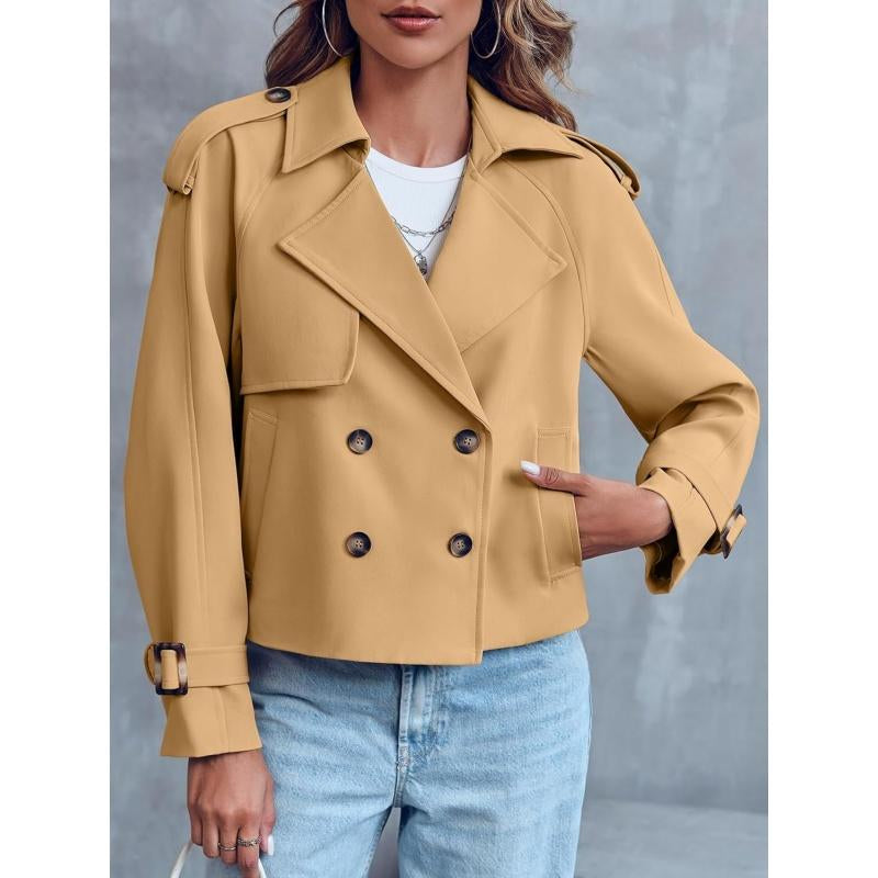 ARTFREE Women Short Double Breasted Trench Coat Raglan Sleeve Work Office Cropped Jacket with Pockets