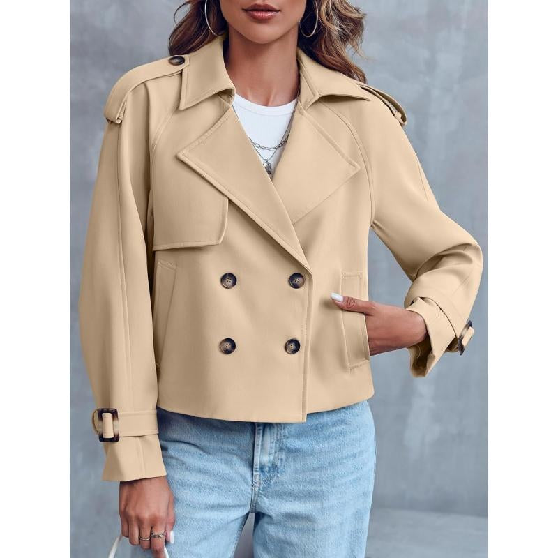 ARTFREE Women Short Double Breasted Trench Coat Raglan Sleeve Work Office Cropped Jacket with Pockets