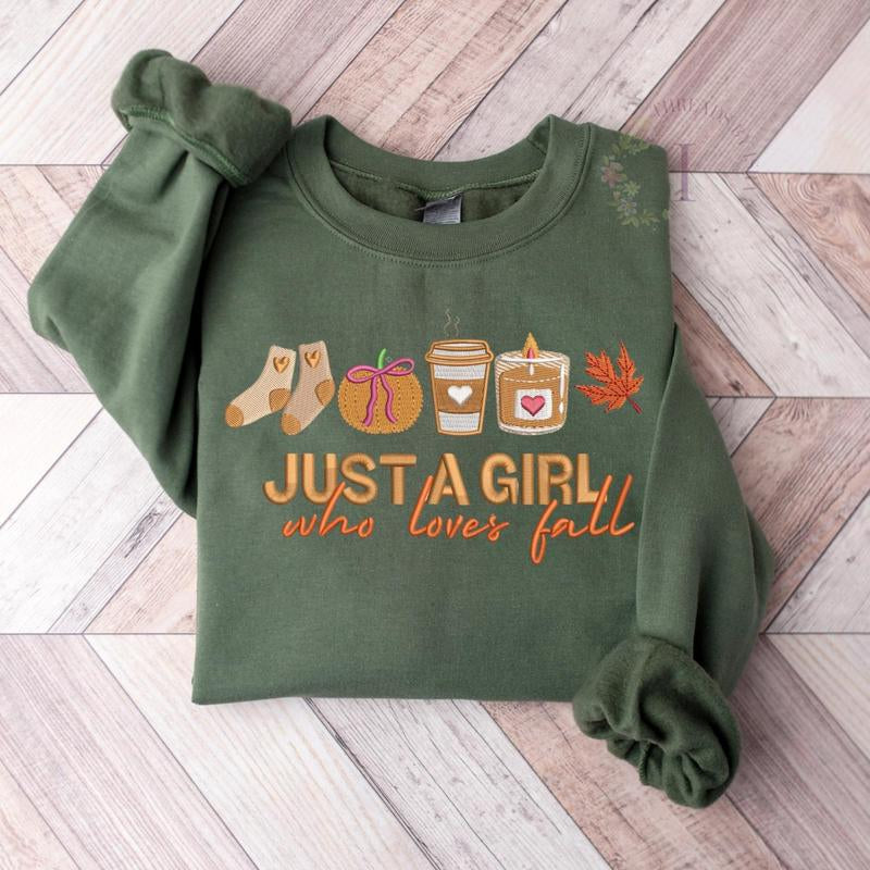 Just a Girl Who Loves Fall Embroidered Sweatshirt – Pumpkin, Coffee, Candle, Fall Leaves, Warm Socks Design, Cozy Autumn Crewneck, Comfortable Fashion