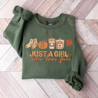 Just a Girl Who Loves Fall Embroidered Sweatshirt – Pumpkin, Coffee, Candle, Fall Leaves, Warm Socks Design, Cozy Autumn Crewneck, Comfortable Fashion