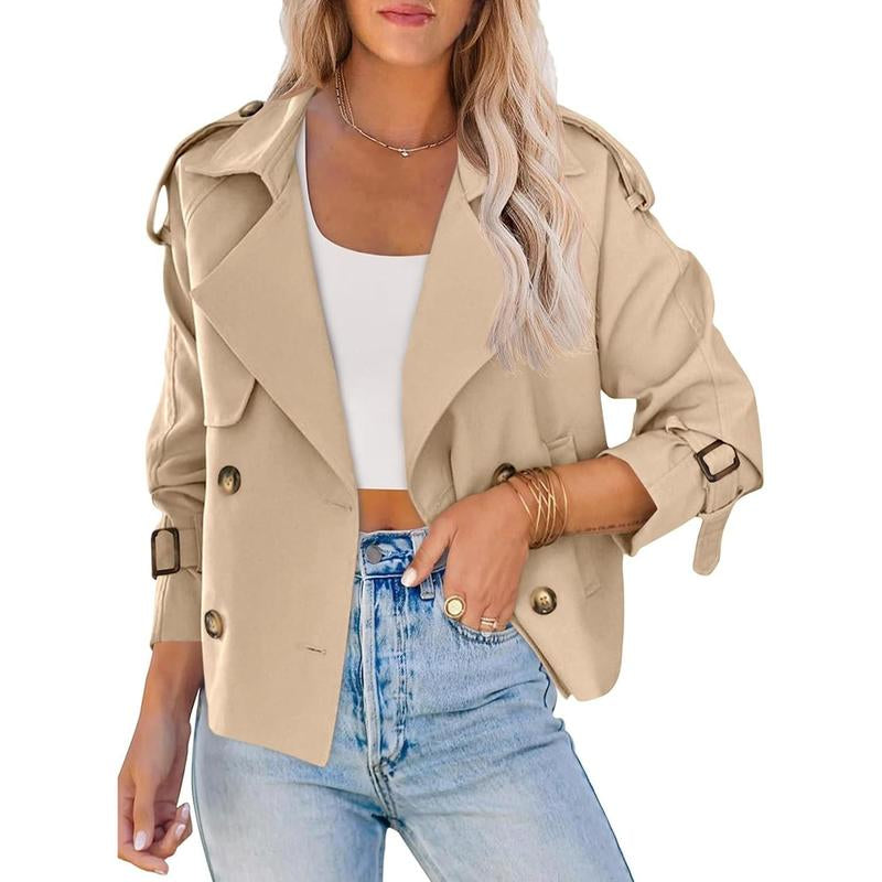 ARTFREE Women Short Double Breasted Trench Coat Raglan Sleeve Work Office Cropped Jacket with Pockets