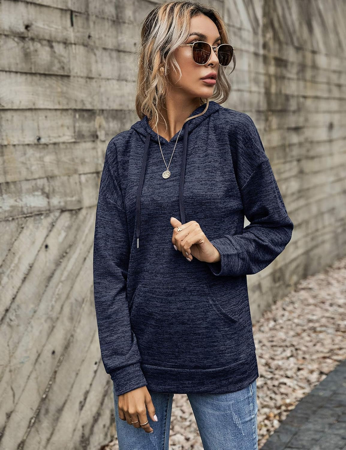 Fashion Drawstring Hoodies for Women Long Sleeve Active Pullover Tops,Navy,L