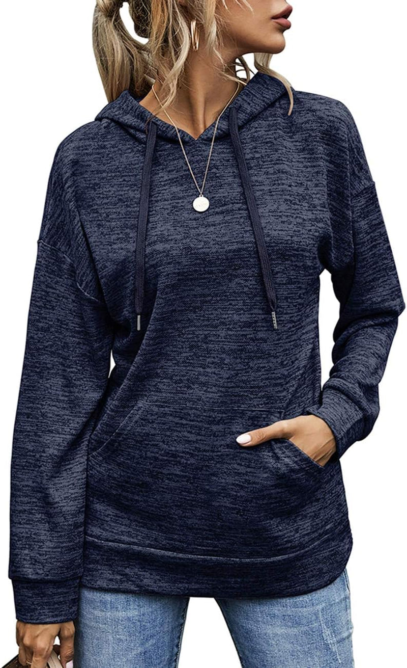Fashion Drawstring Hoodies for Women Long Sleeve Active Pullover Tops,Navy,L