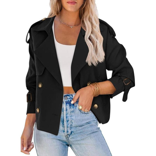 ARTFREE Women Short Double Breasted Trench Coat Raglan Sleeve Work Office Cropped Jacket with Pockets