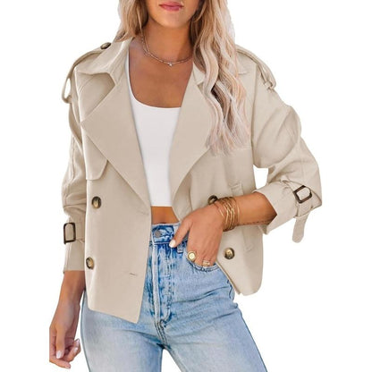 ARTFREE Women Short Double Breasted Trench Coat Raglan Sleeve Work Office Cropped Jacket with Pockets