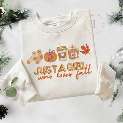 Just a Girl Who Loves Fall Embroidered Sweatshirt – Pumpkin, Coffee, Candle, Fall Leaves, Warm Socks Design, Cozy Autumn Crewneck, Comfortable Fashion
