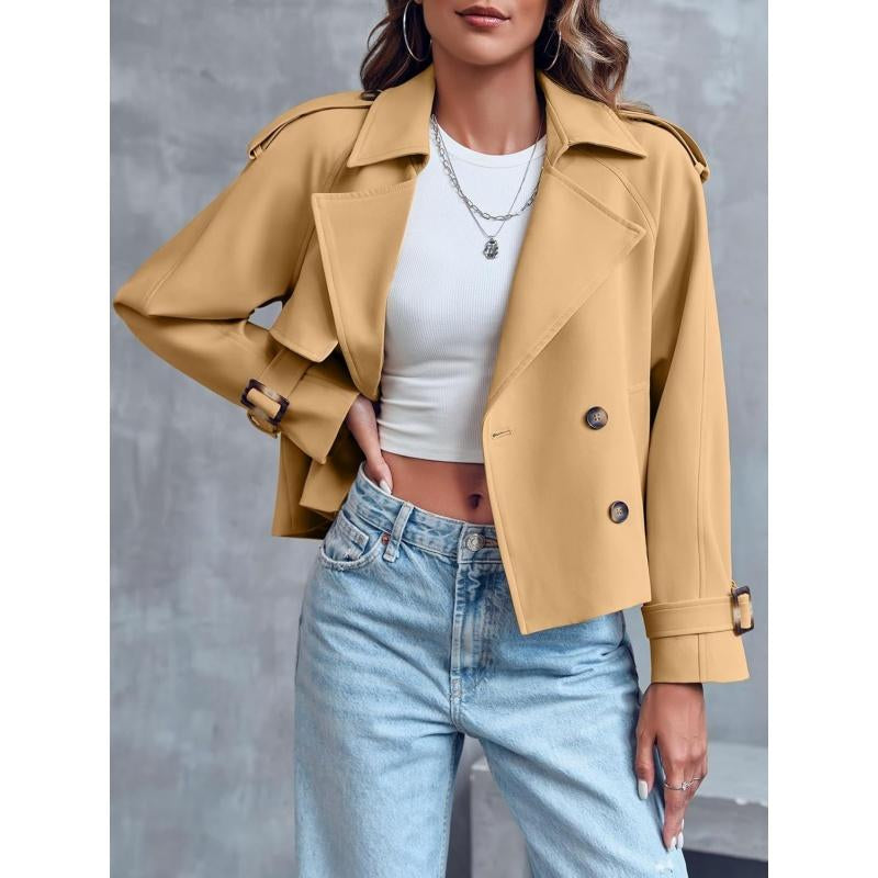 ARTFREE Women Short Double Breasted Trench Coat Raglan Sleeve Work Office Cropped Jacket with Pockets