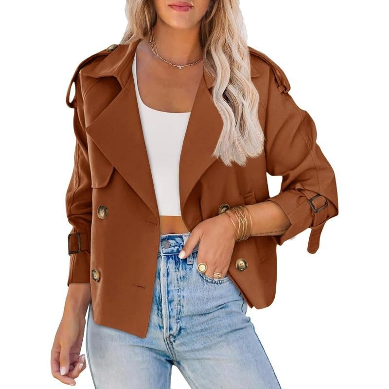 ARTFREE Women Short Double Breasted Trench Coat Raglan Sleeve Work Office Cropped Jacket with Pockets